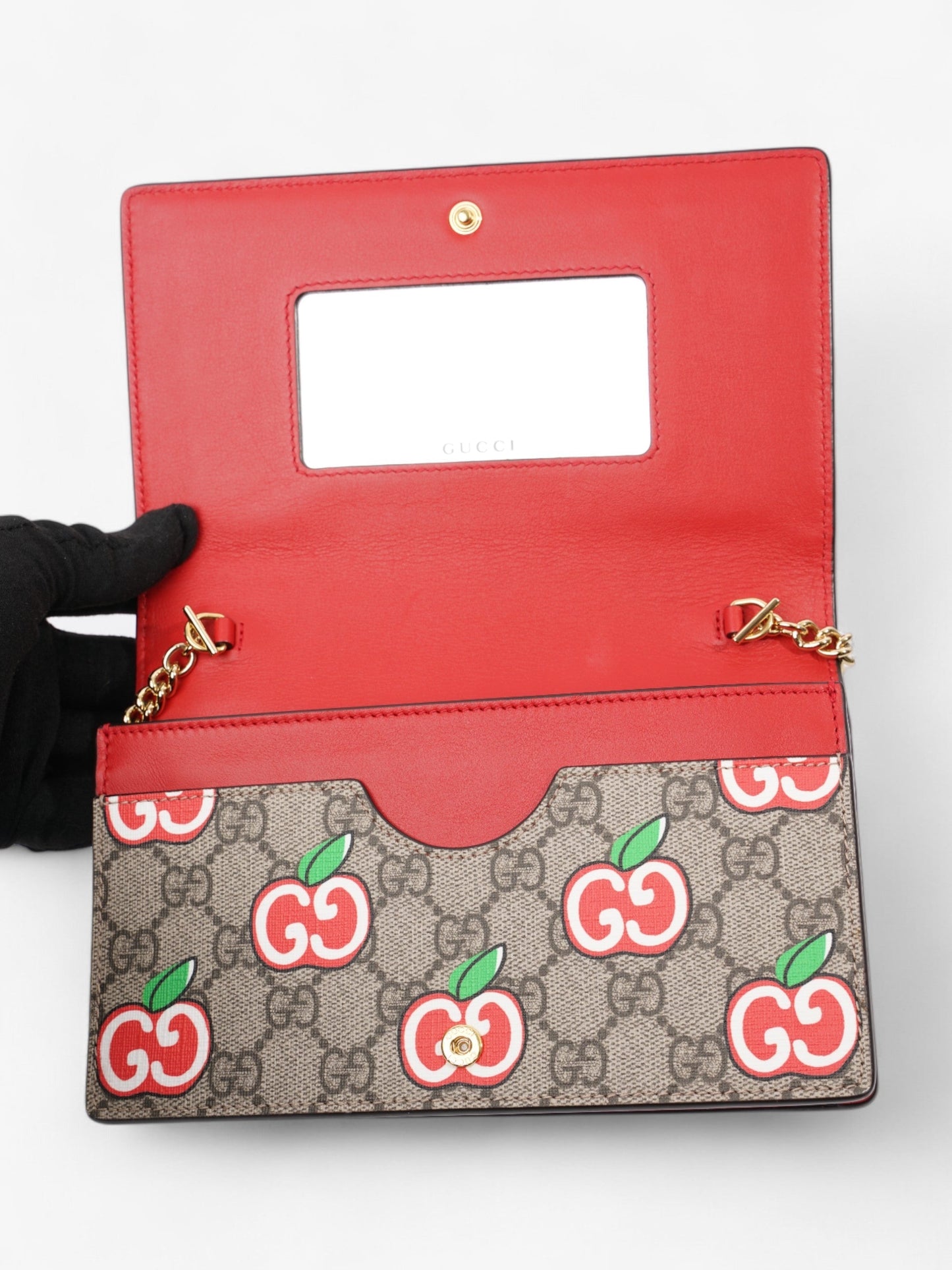 Gucci Monogram Apple Chain Wallet GG Supreme / Red / Green Canvas