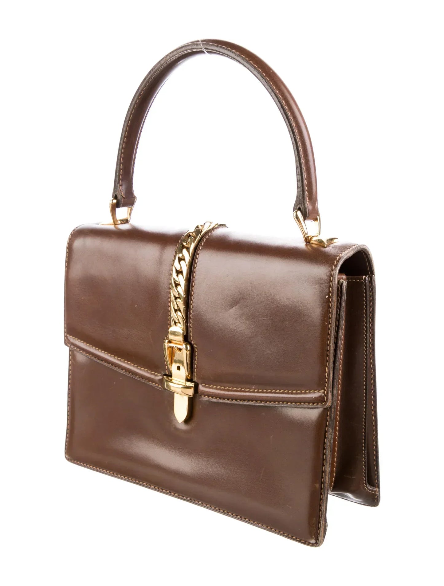Gucci 1969 Sylvie chestnut brown leather top handle Kelly bag with a gold zipper accent