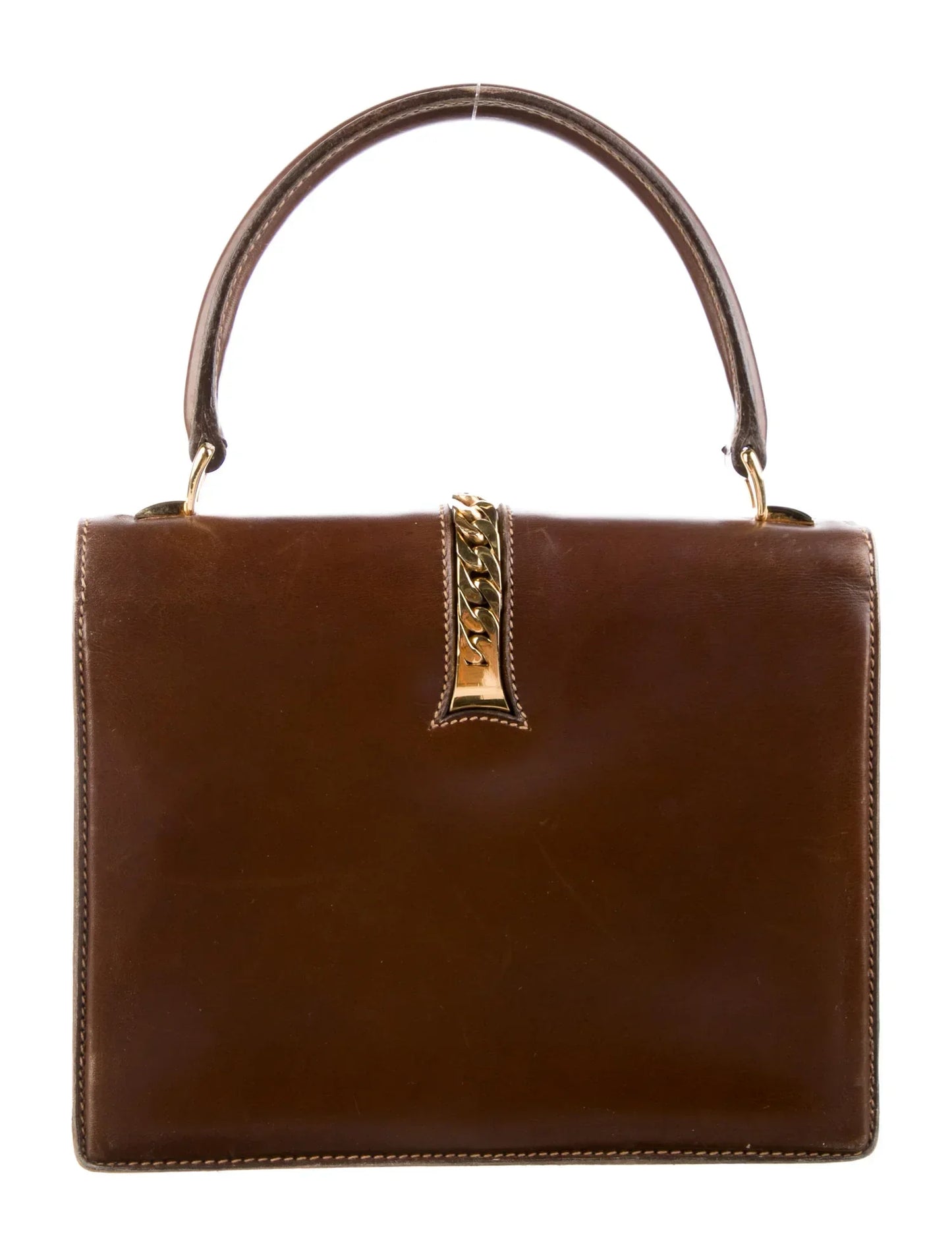 Gucci 1969 Sylvie chestnut brown leather top handle Kelly bag with a gold zipper accent