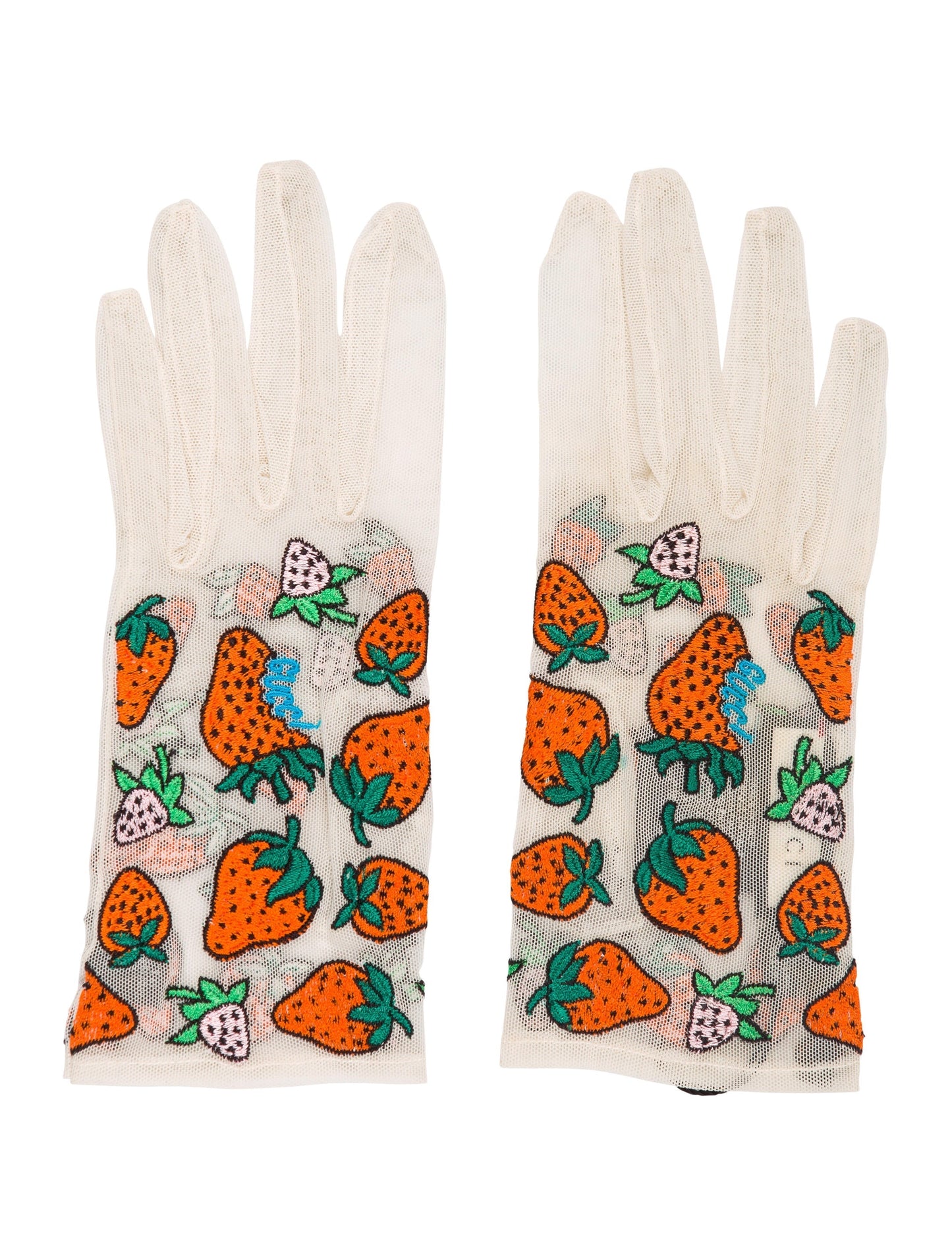Gucci Tulle Strawberry Embroidered Gloves in White