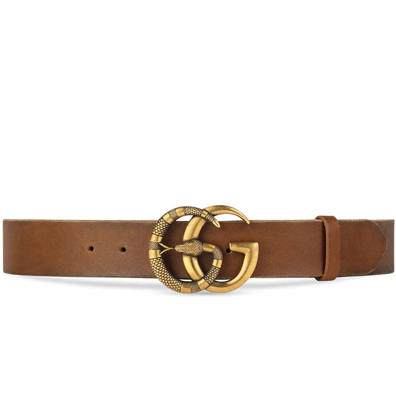 Gucci 458949 CVEOT 2535 Belt Brown Leather with Gold Double GG Snake Buckle (GGB1002)