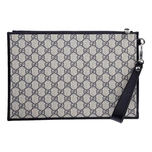 Gucci GG Supreme Coated Canvas Wristlet Clutch Handbag Beige and Navy