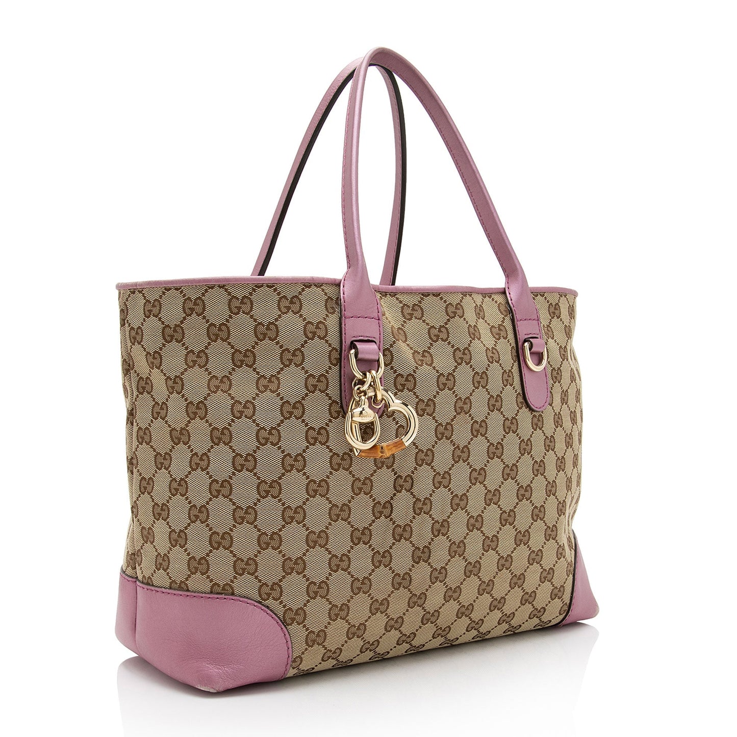 Gucci GG Canvas Metallic Leather Heart Bit Charm Medium Tote (SHF-5MJYxM)