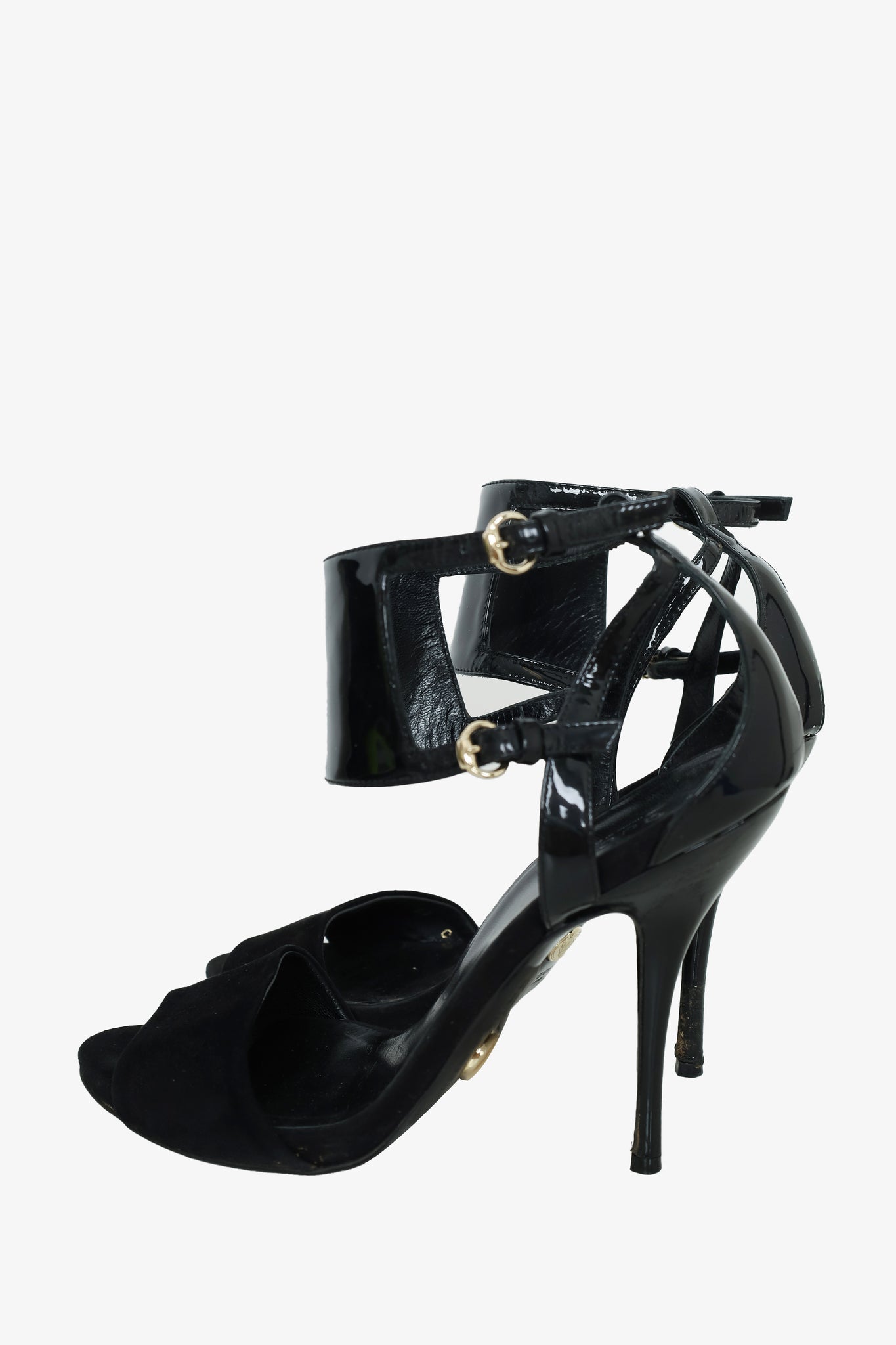 Gucci Black Suede/Patent Open Toe Ankle Strap Sandals Size 37