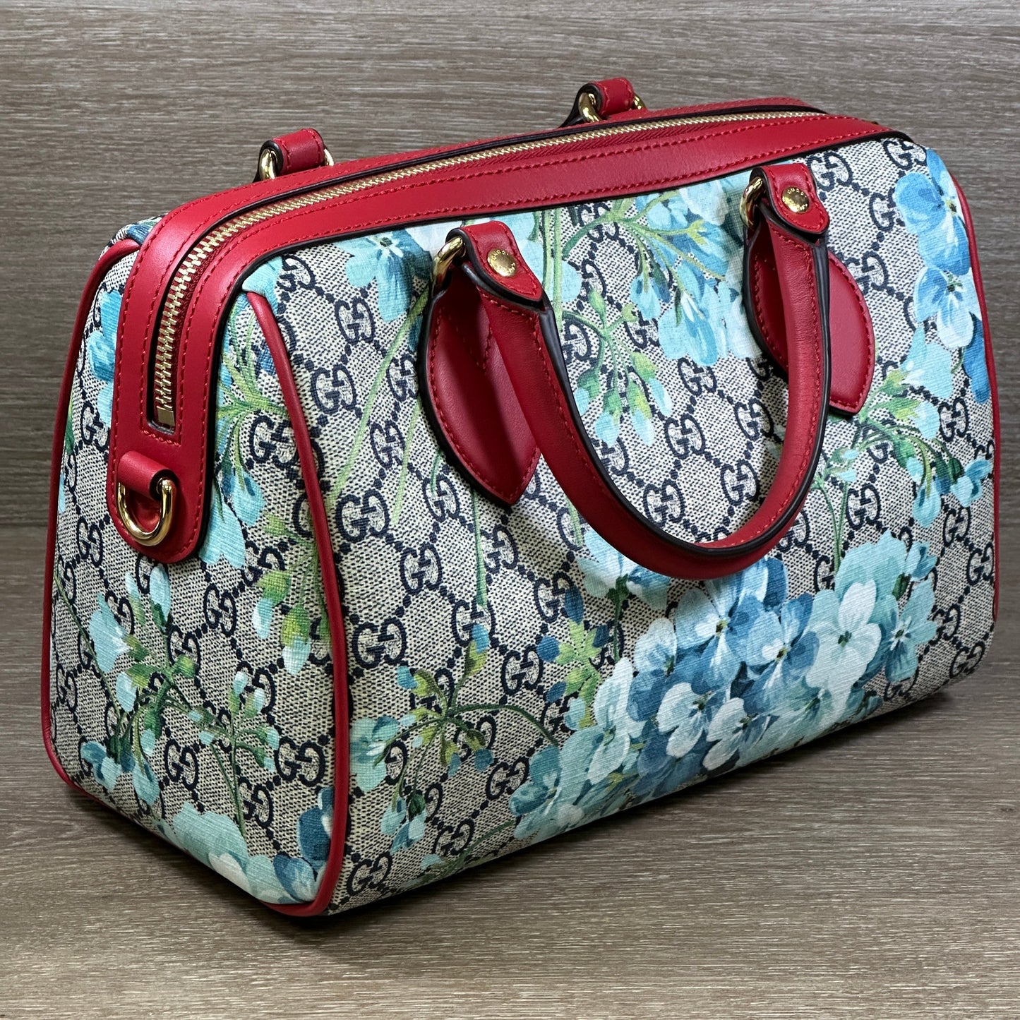 Gucci Blue Bloom GG Coated Canvas Small Boston Bag