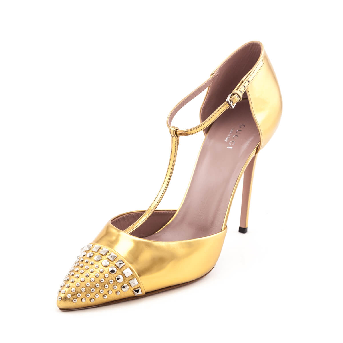 Gucci Gold Studded T-Bar Pumps Size US 11.5 | EU 41.5