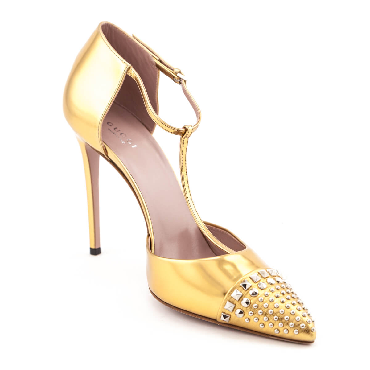 Gucci Gold Studded T-Bar Pumps Size US 11.5 | EU 41.5