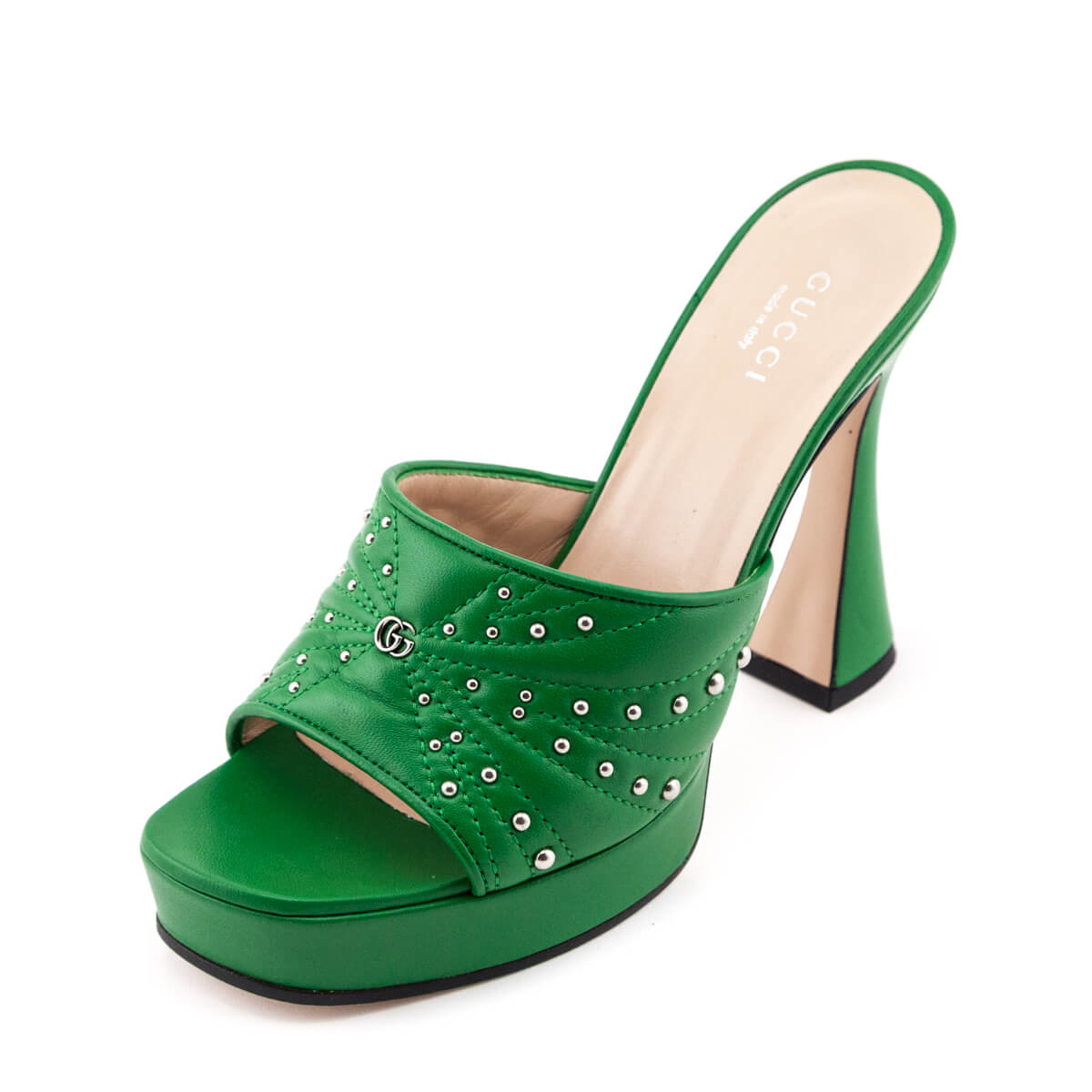 Gucci Green Leather GG Studded Platform Slides Size US 7 | EU 37