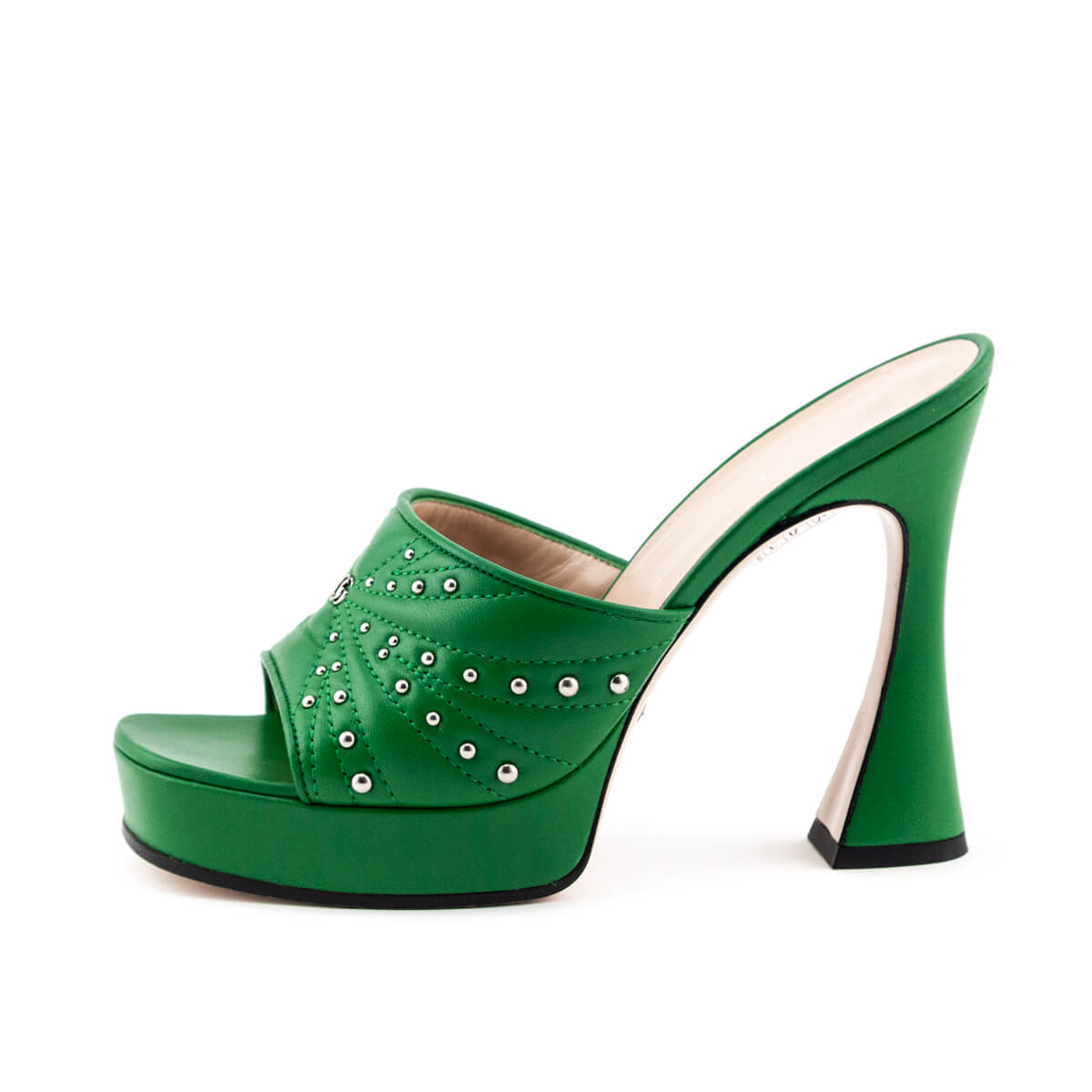 Gucci Green Leather GG Studded Platform Slides Size US 7 | EU 37