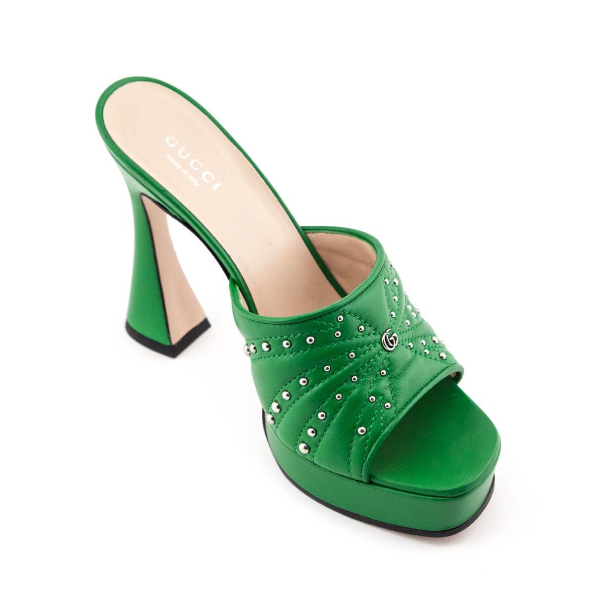 Gucci Green Leather GG Studded Platform Slides Size US 7 | EU 37