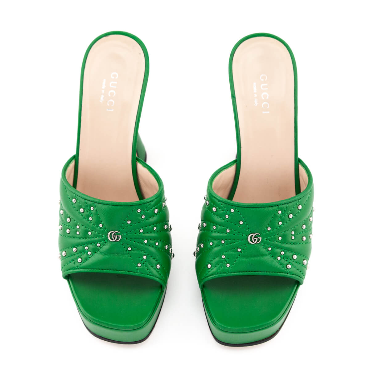 Gucci Green Leather GG Studded Platform Slides Size US 7 | EU 37