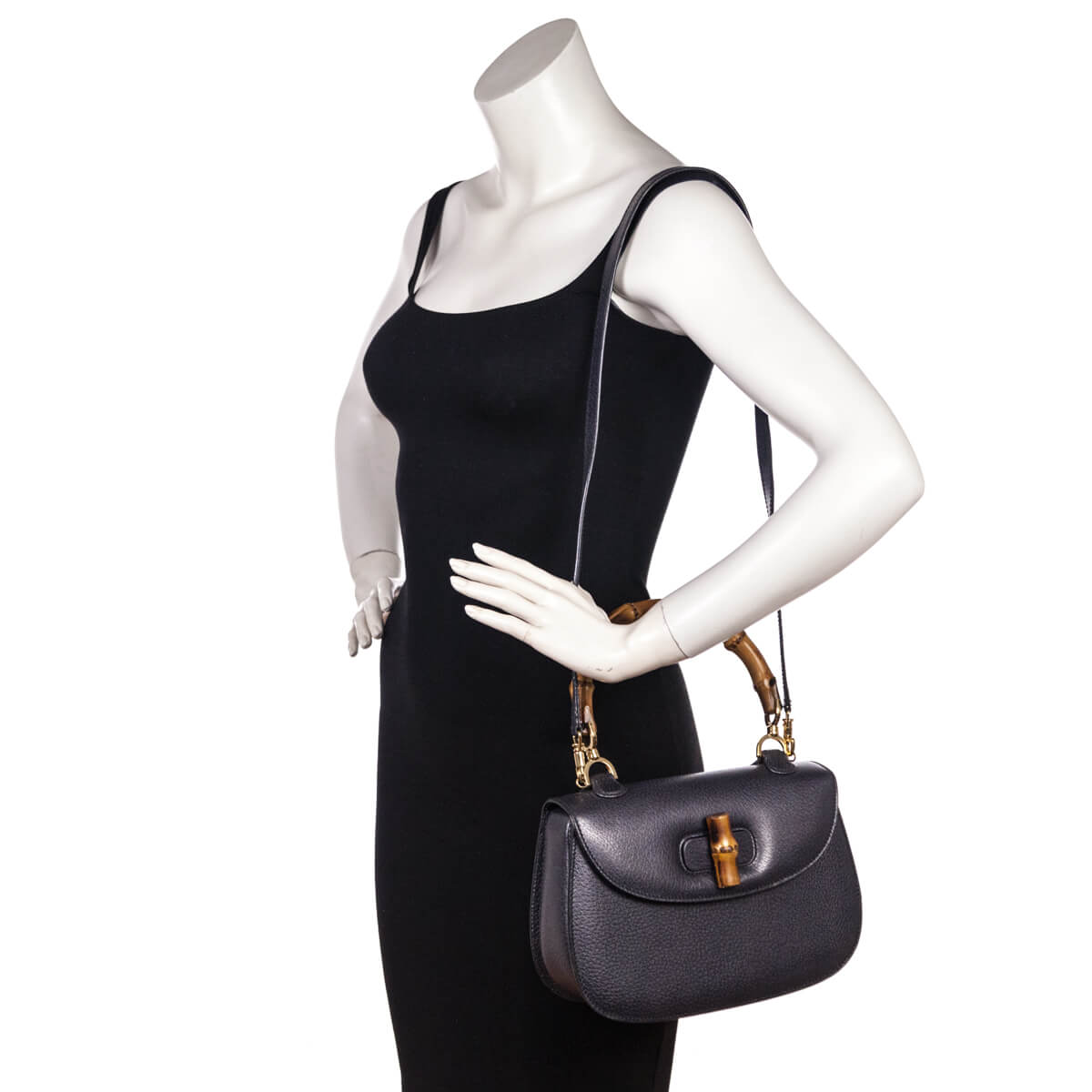 Gucci Gray Grained Calfskin Bamboo Top Handle Bag