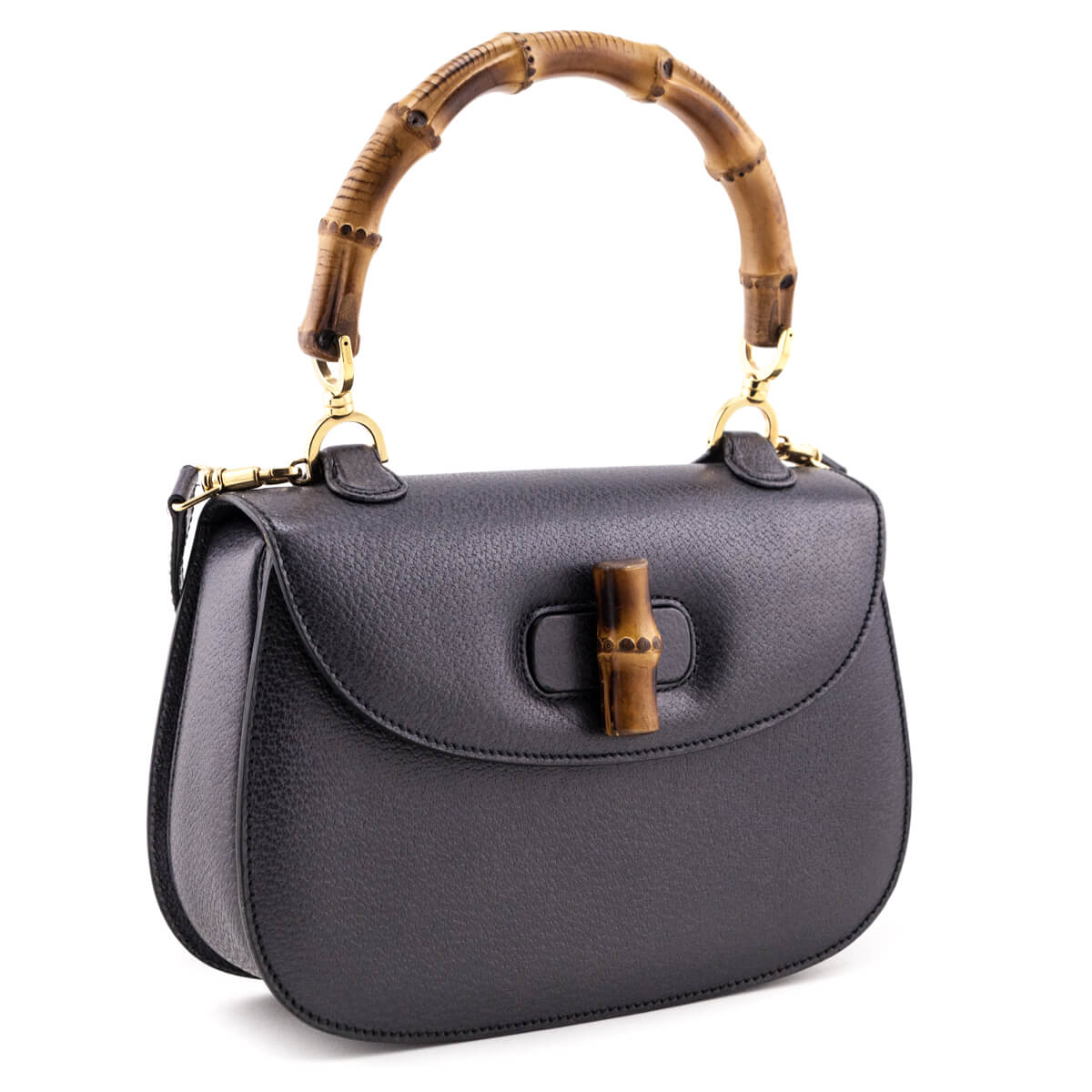 Gucci Gray Grained Calfskin Bamboo Top Handle Bag