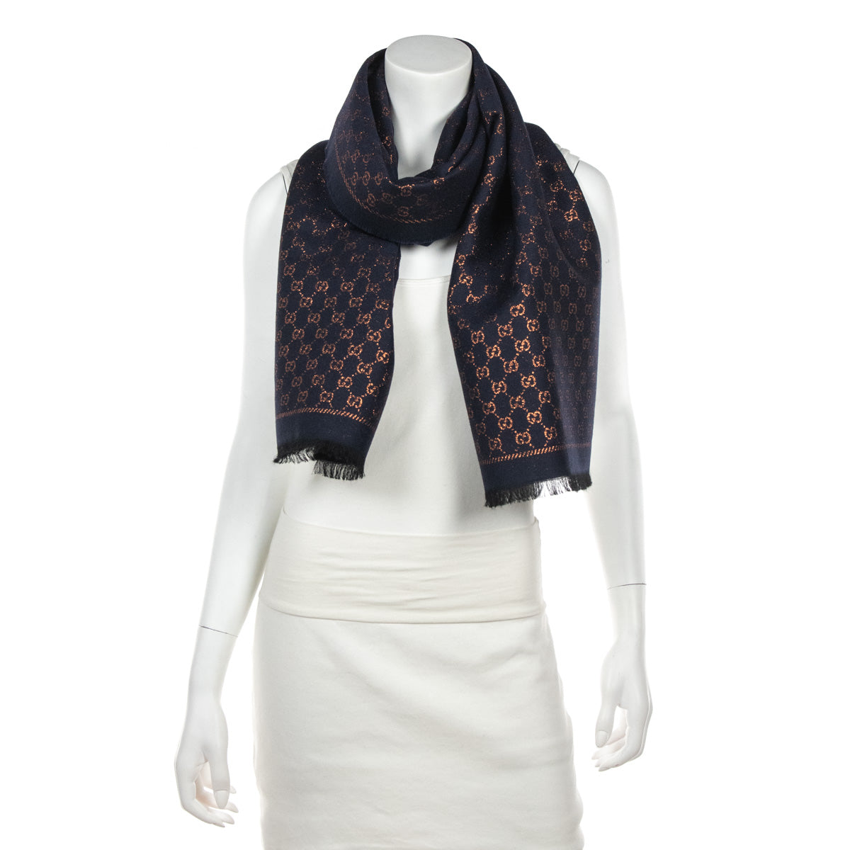 Gucci Navy & Bronze Wool Blend Jacquard Stenix GG Monogram Scarf