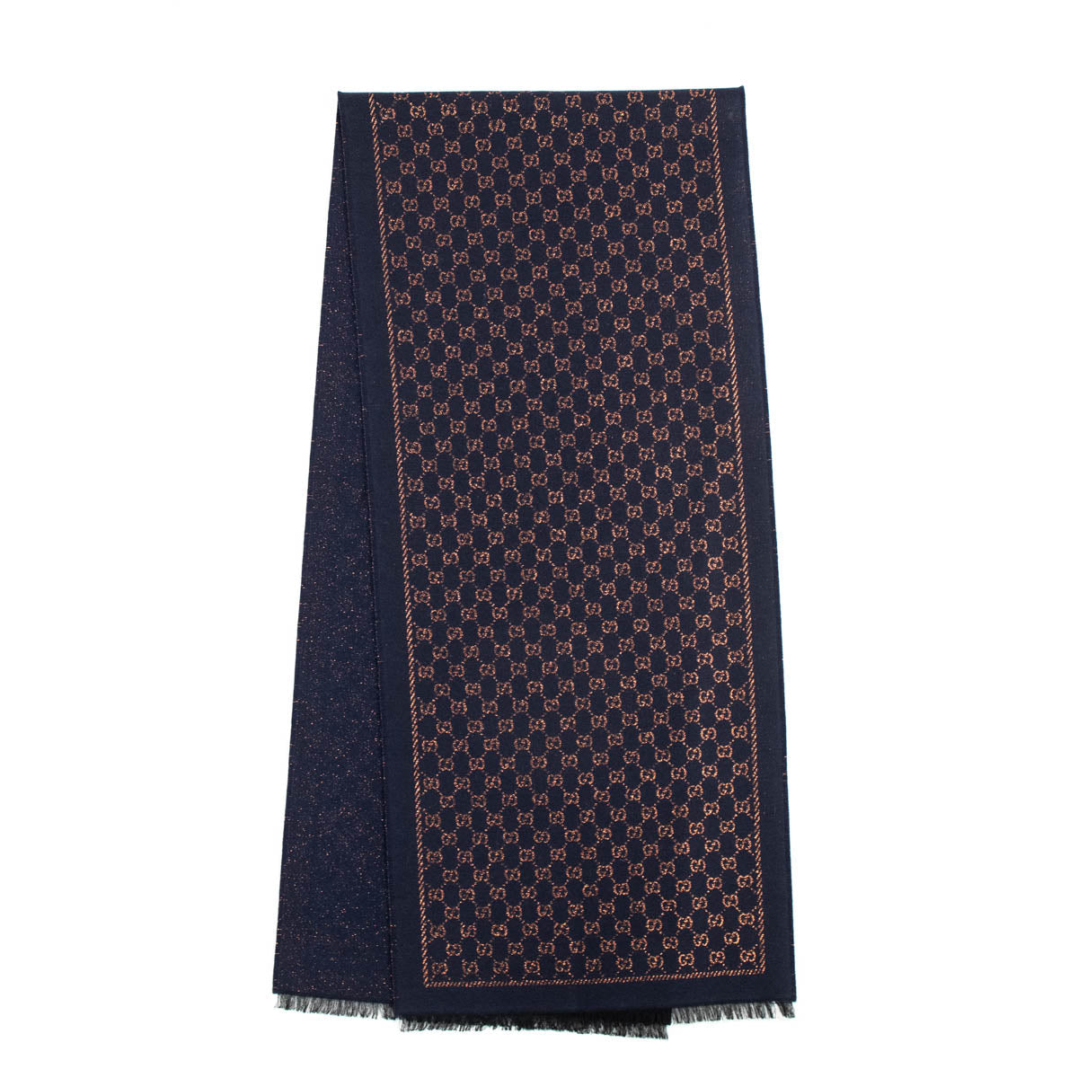 Gucci Navy & Bronze Wool Blend Jacquard Stenix GG Monogram Scarf
