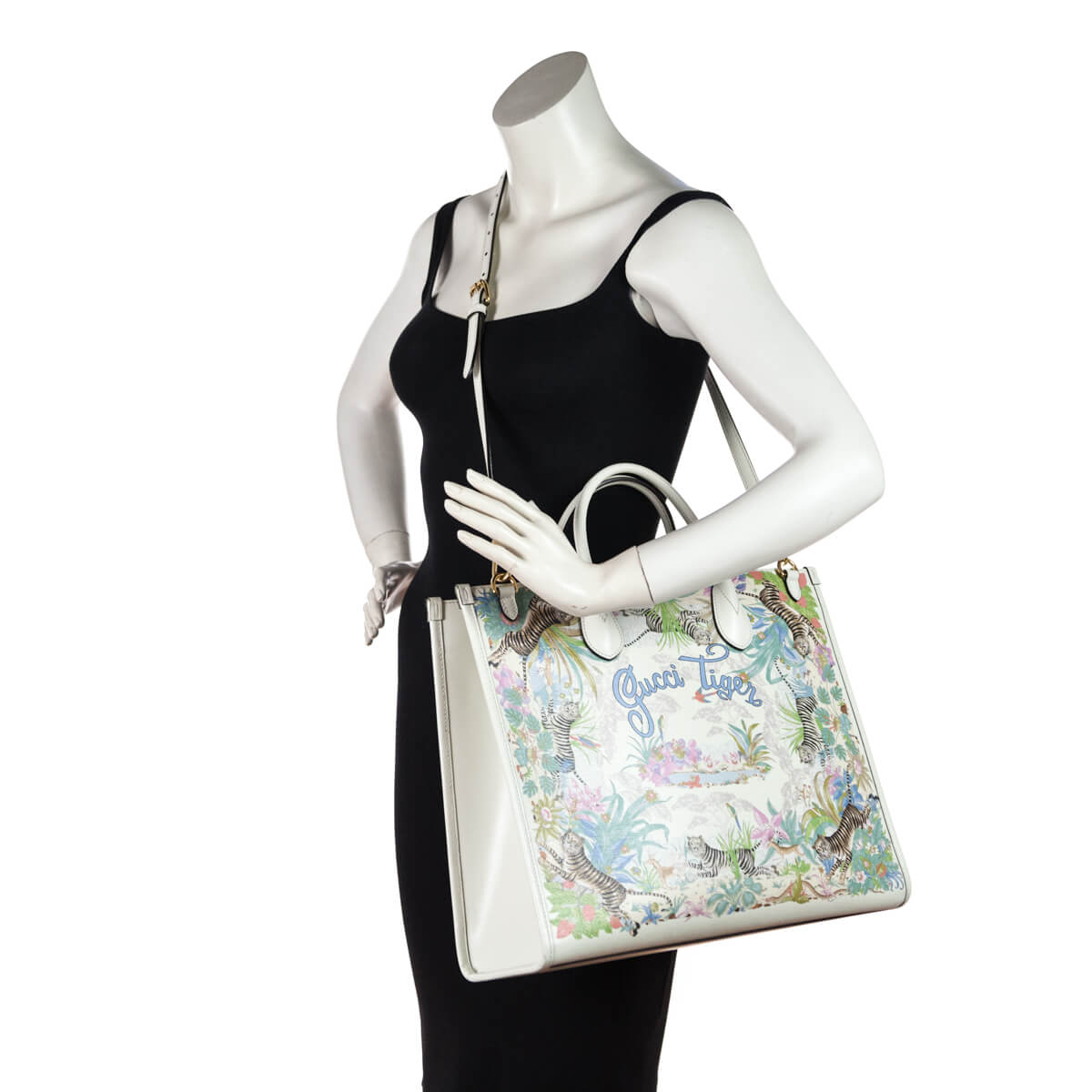 Gucci Off-White Tiger & Flora Print Medium Tote Bag