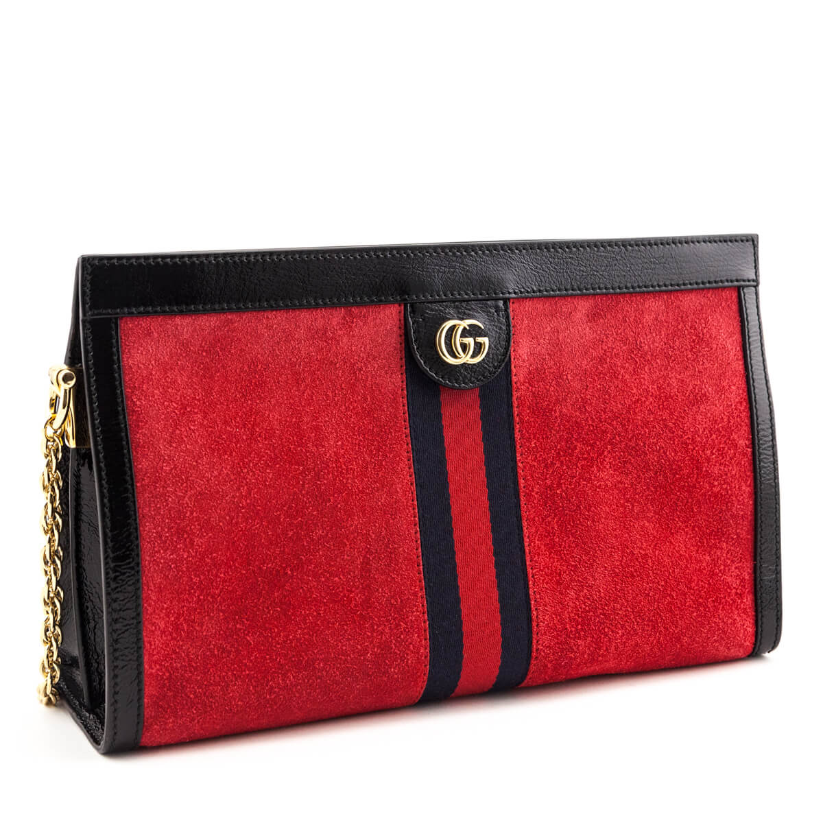Gucci Red Suede Patent GG Web Medium Ophidia Chain Shoulder Bag