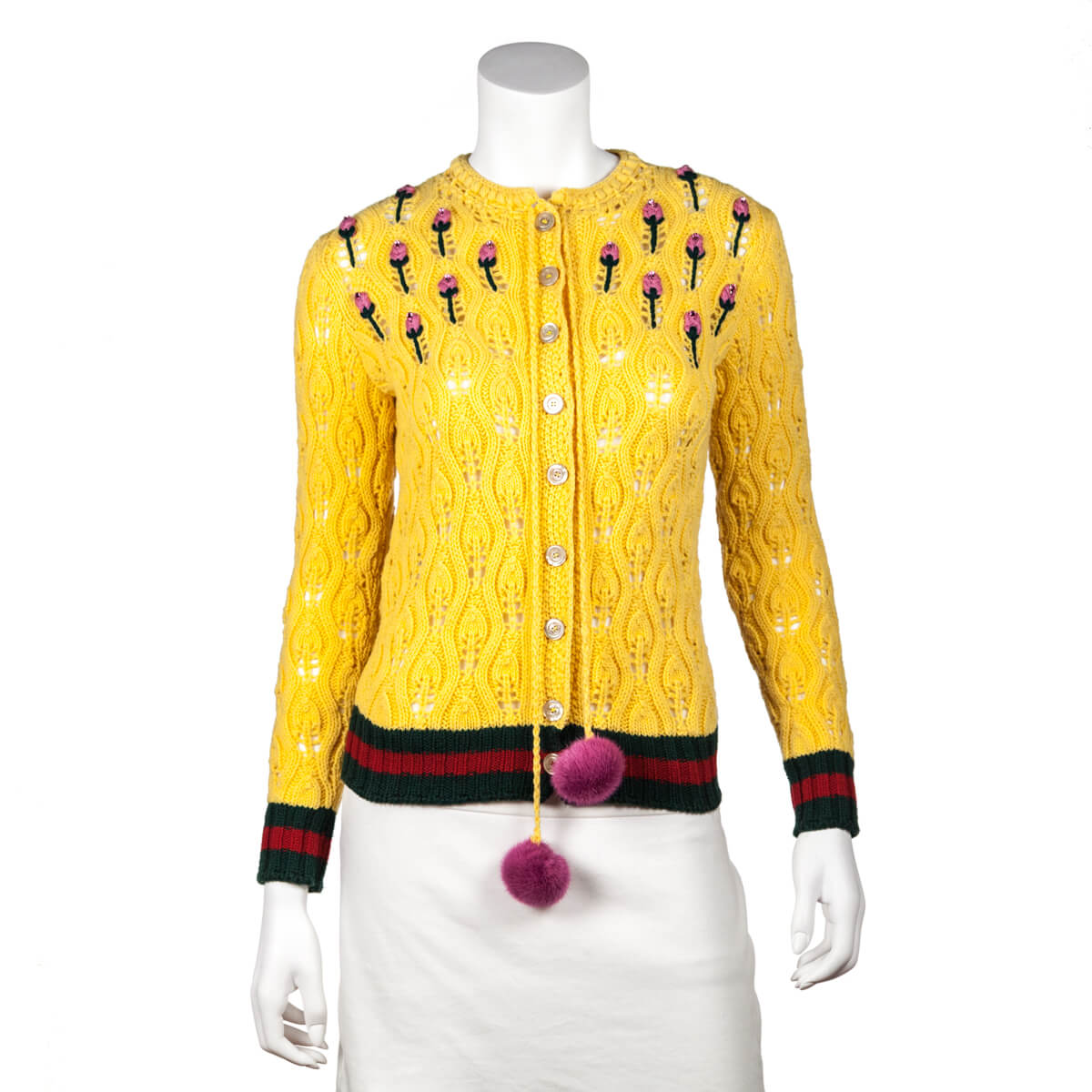 Gucci Yellow Wool Rose Embroidered Mink Pom Pom Crochet Cardigan Size XS