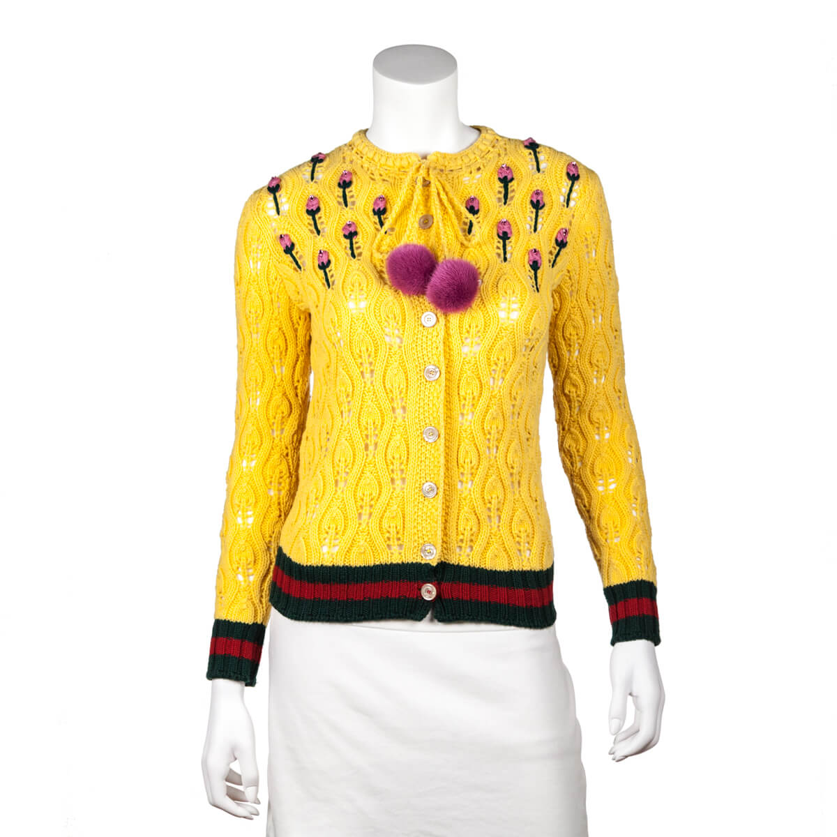 Gucci Yellow Wool Rose Embroidered Mink Pom Pom Crochet Cardigan Size XS