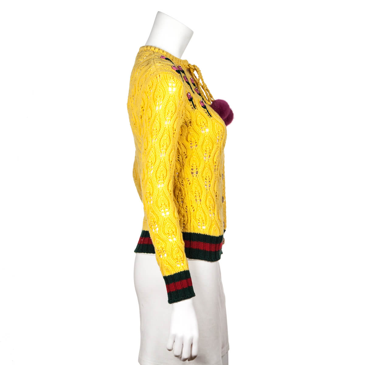 Gucci Yellow Wool Rose Embroidered Mink Pom Pom Crochet Cardigan Size XS