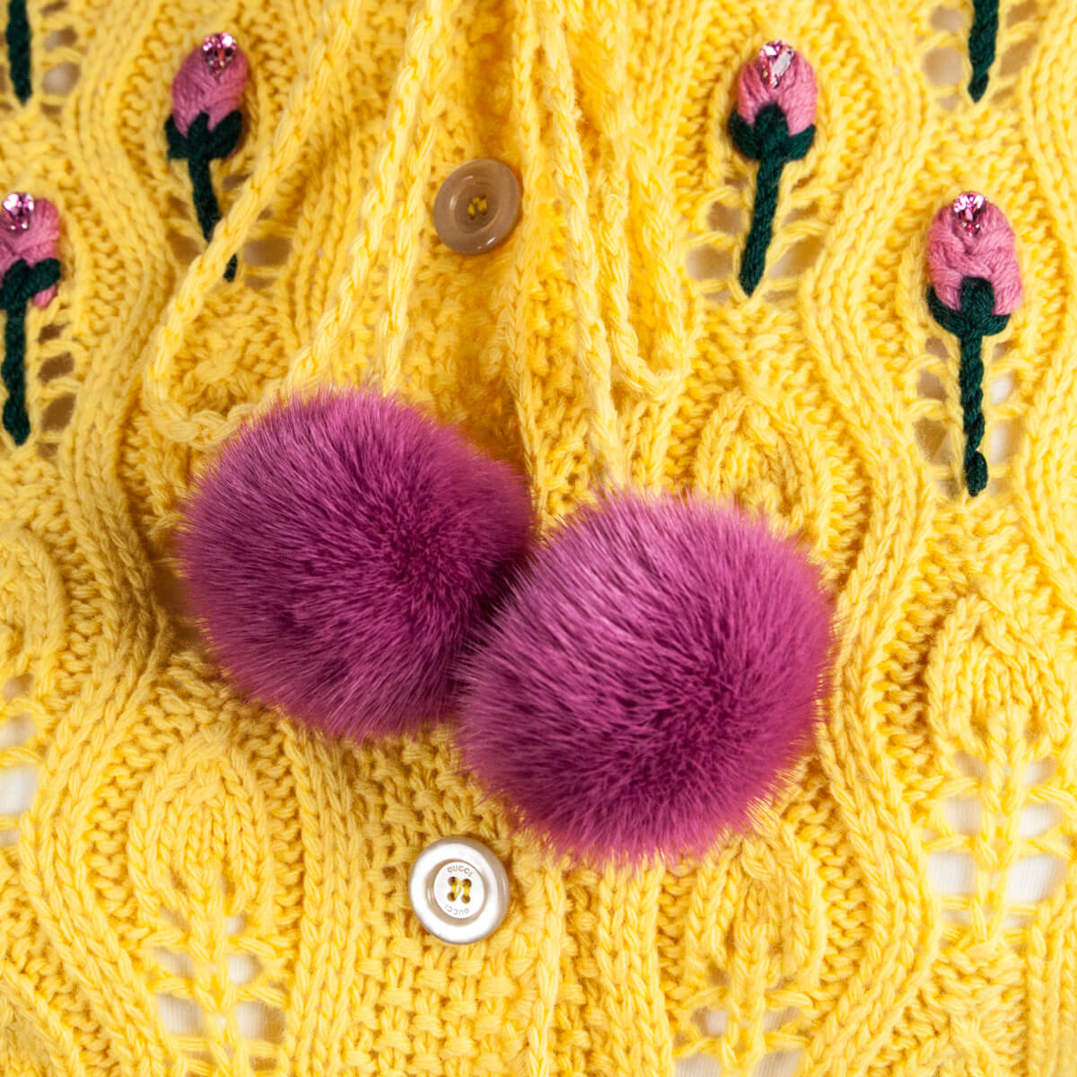 Gucci Yellow Wool Rose Embroidered Mink Pom Pom Crochet Cardigan Size XS