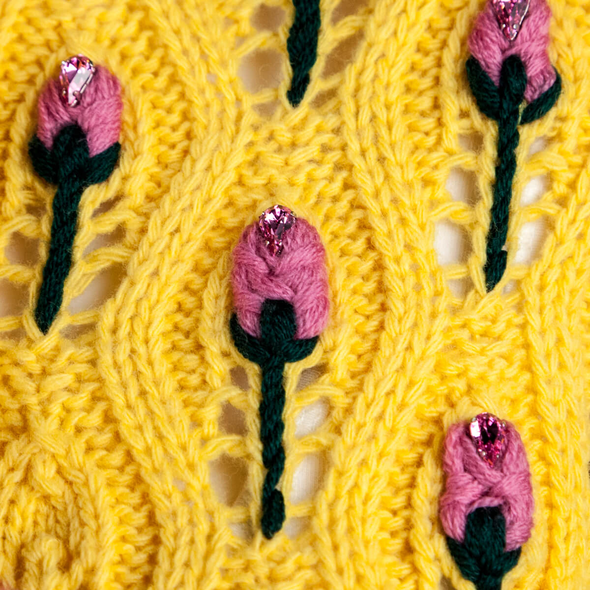 Gucci Yellow Wool Rose Embroidered Mink Pom Pom Crochet Cardigan Size XS