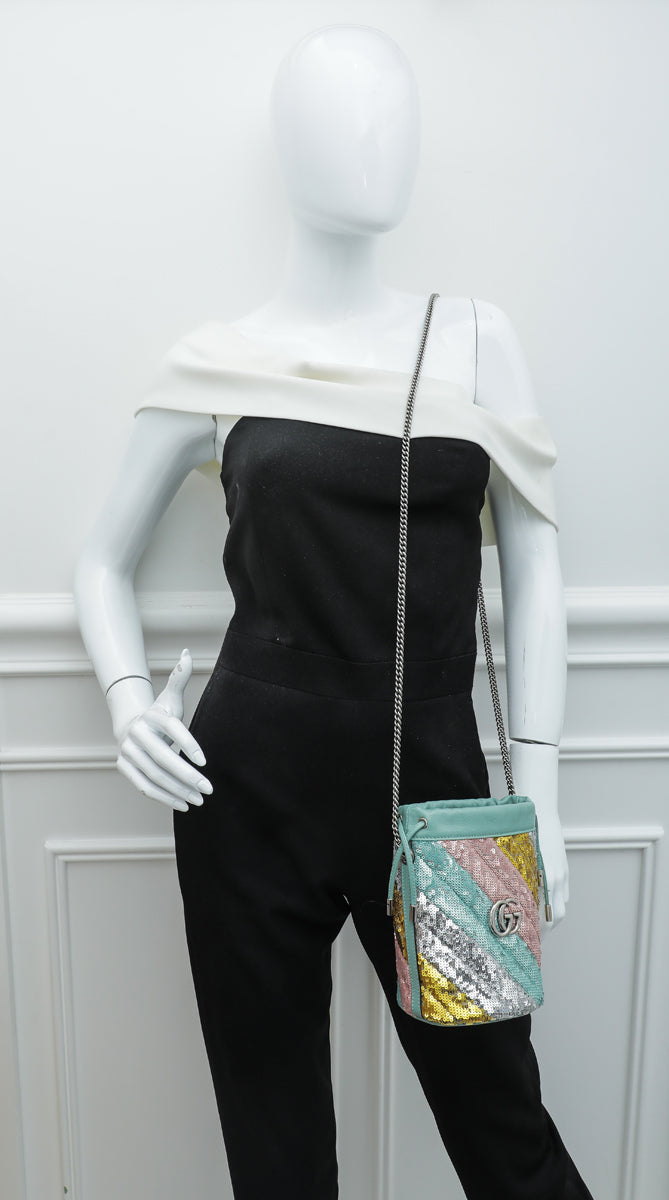 Gucci Mint Green GG Marmont Mini Sequin Bucket Bag