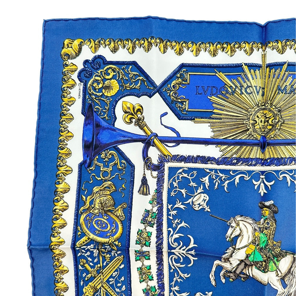 HERMES scarf silk blue Louis XIV straddling a white horse LVDOVICVS MAGNVS Carre42 Women Used