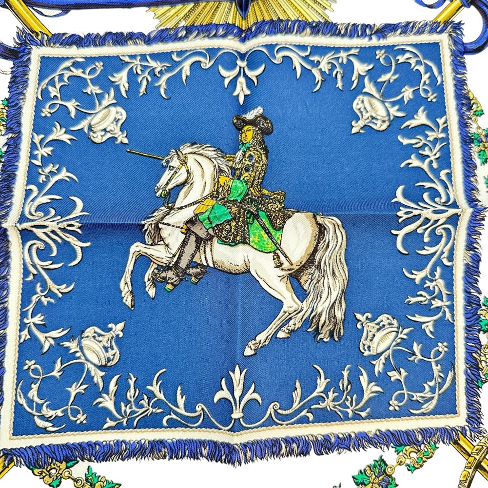 HERMES scarf silk blue Louis XIV straddling a white horse LVDOVICVS MAGNVS Carre42 Women Used
