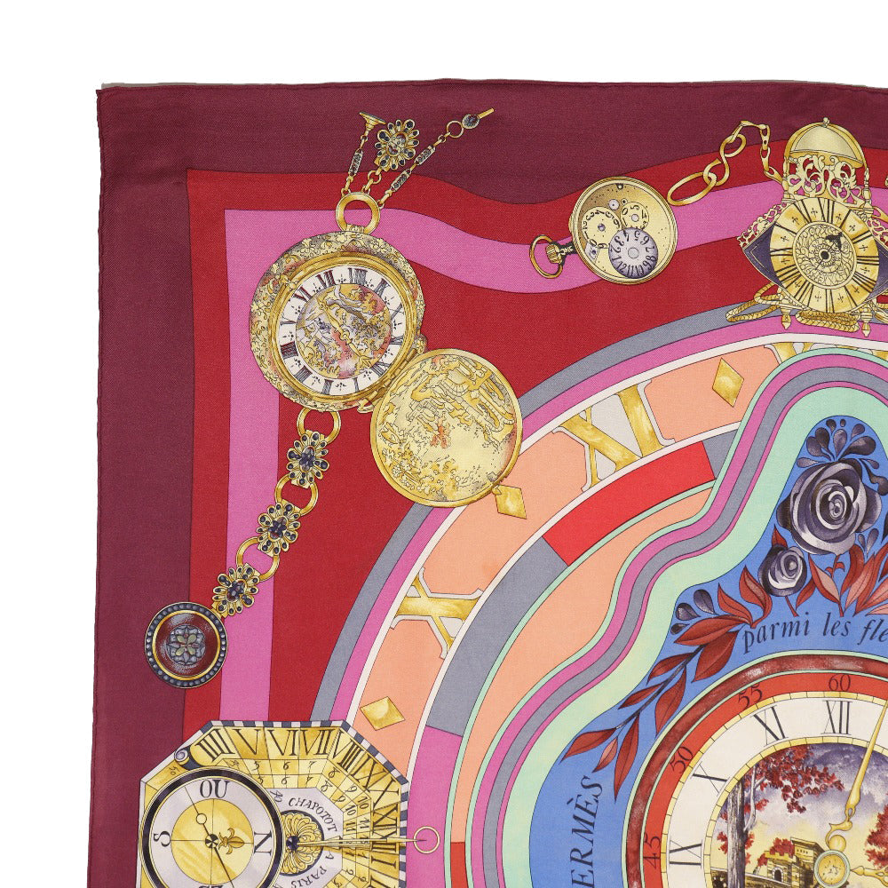 HERMES scarf silk Red Time spent in the flowers parmi les fleurs je compte les heures Carre90 Women Used