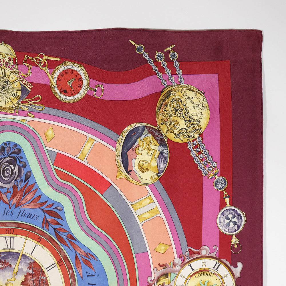 HERMES scarf silk Red Time spent in the flowers parmi les fleurs je compte les heures Carre90 Women Used