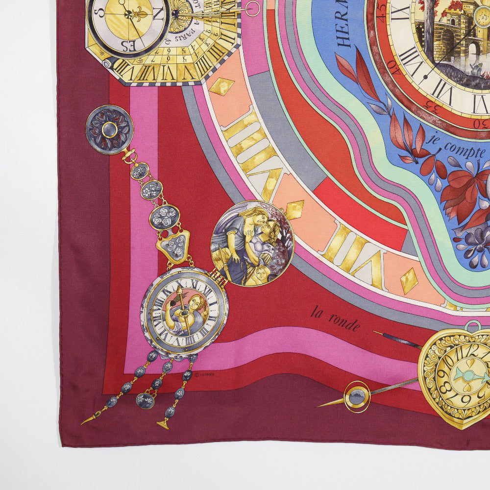 HERMES scarf silk Red Time spent in the flowers parmi les fleurs je compte les heures Carre90 Women Used