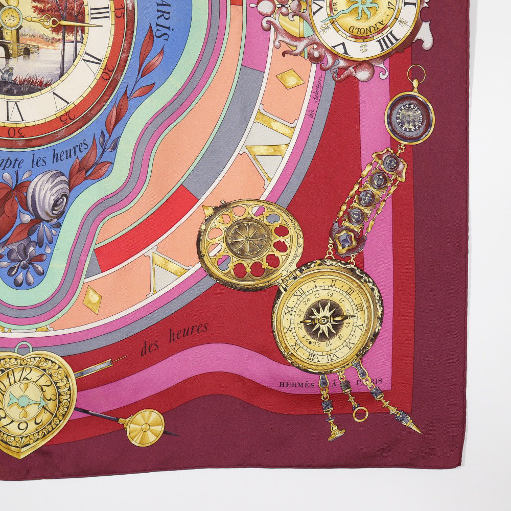 HERMES scarf silk Red Time spent in the flowers parmi les fleurs je compte les heures Carre90 Women Used