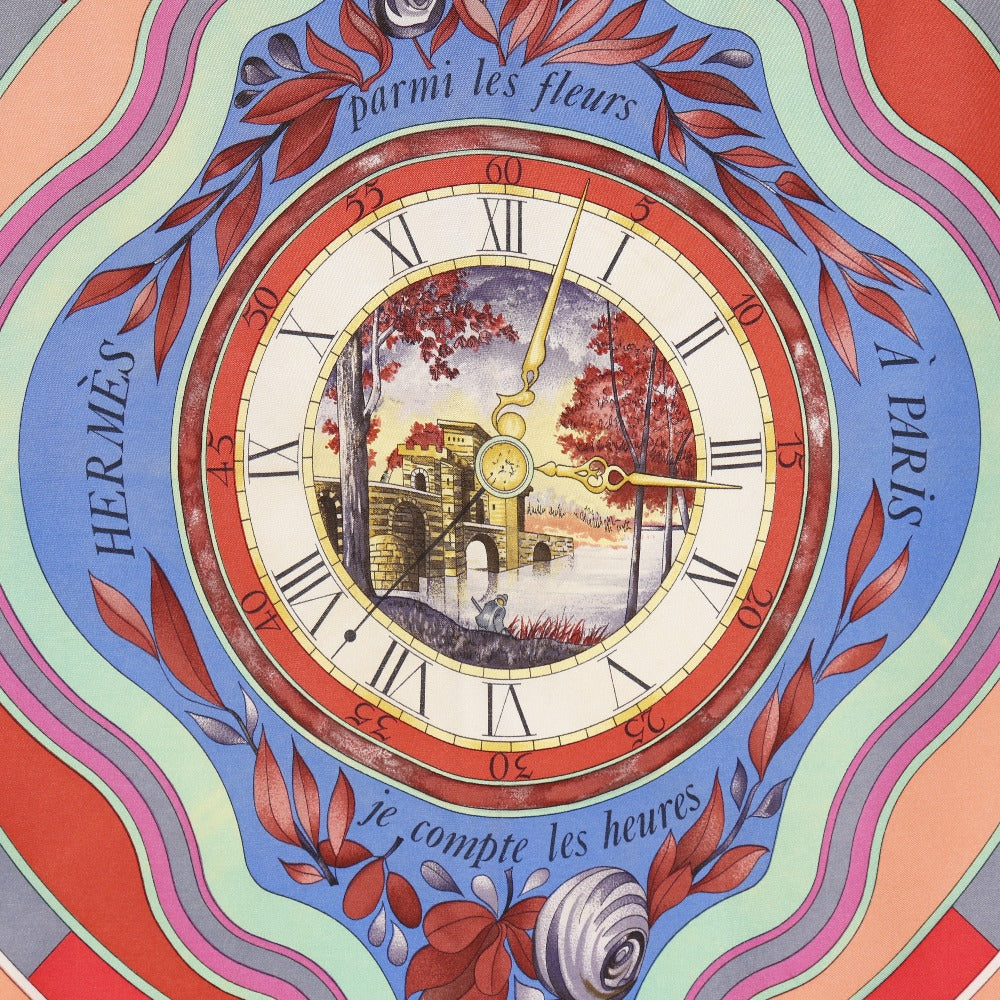 HERMES scarf silk Red Time spent in the flowers parmi les fleurs je compte les heures Carre90 Women Used