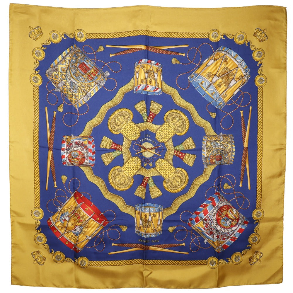 HERMES scarf silk Blue LES TAMBOURS Tambour drums Carre90