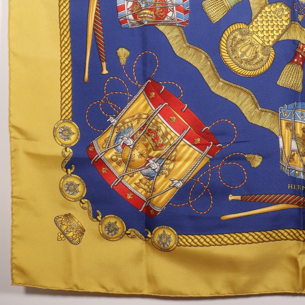 HERMES scarf silk Blue LES TAMBOURS Tambour drums Carre90