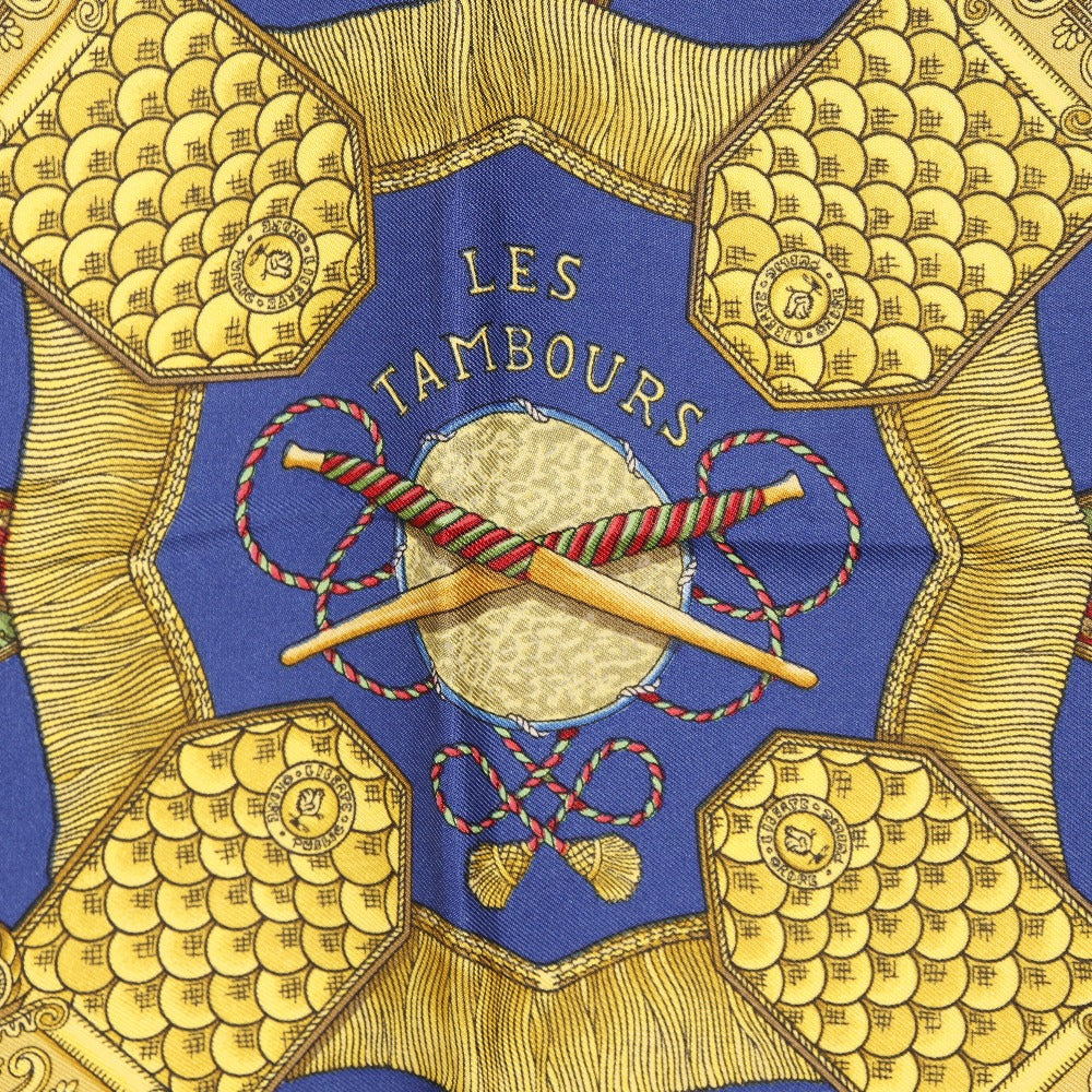 HERMES scarf silk Blue LES TAMBOURS Tambour drums Carre90