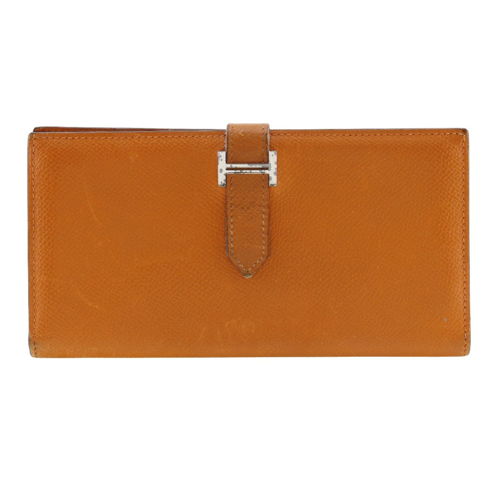 HERMES Long Wallet Purse leather Orange Bean Women Used