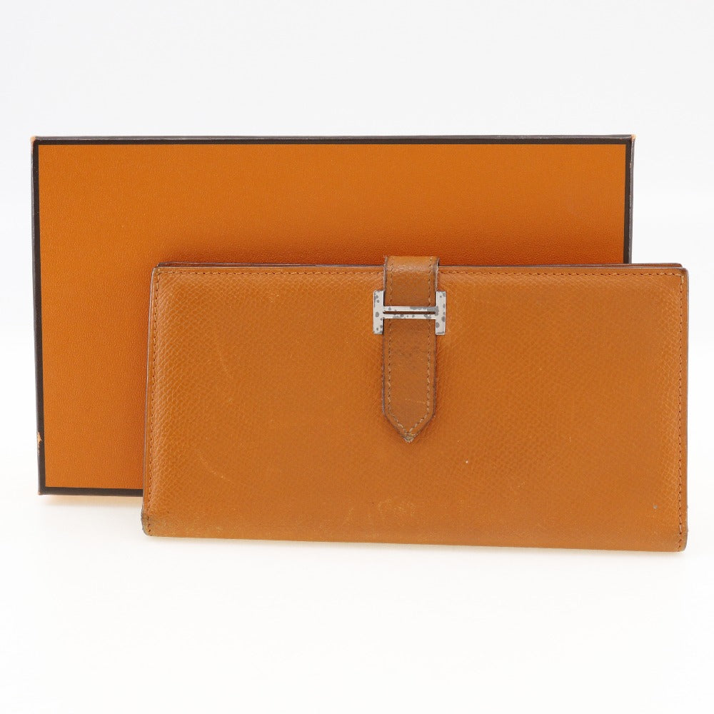HERMES Long Wallet Purse leather Orange Bean Women Used