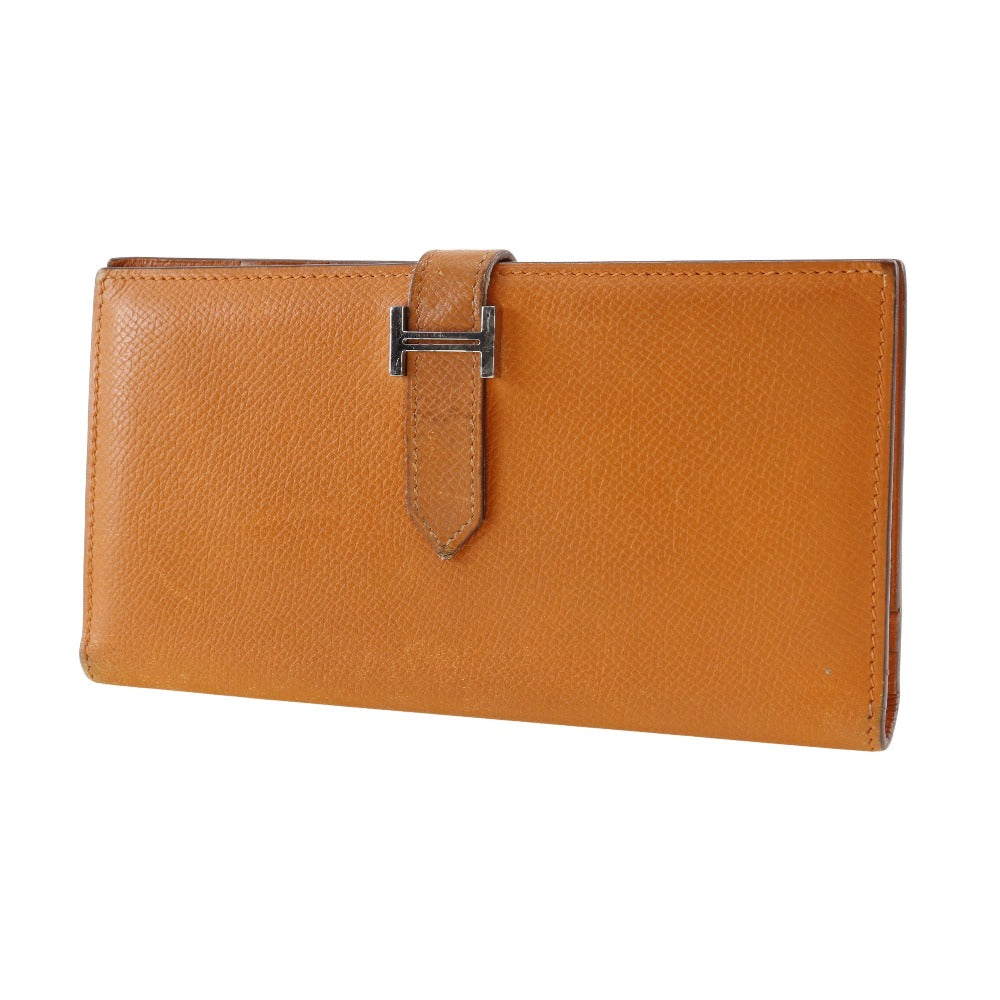HERMES Long Wallet Purse leather Orange Bean Women Used