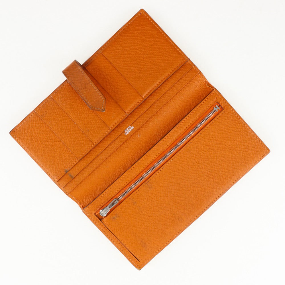 HERMES Long Wallet Purse leather Orange Bean Women Used