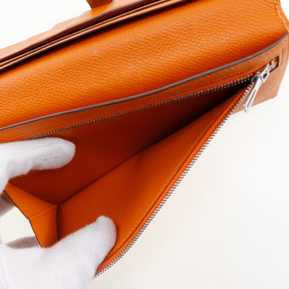 HERMES Long Wallet Purse leather Orange Bean Women Used