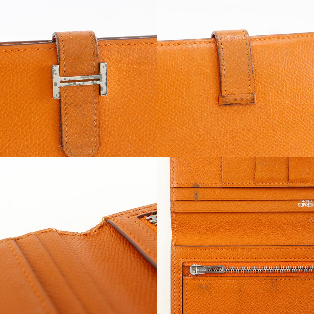 HERMES Long Wallet Purse leather Orange Bean Women Used