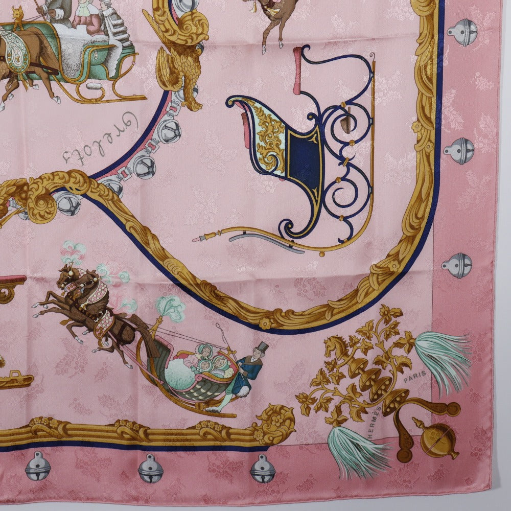 HERMES scarf silk pink Feather and bell Plumes et Grelots Carre90 Women Used