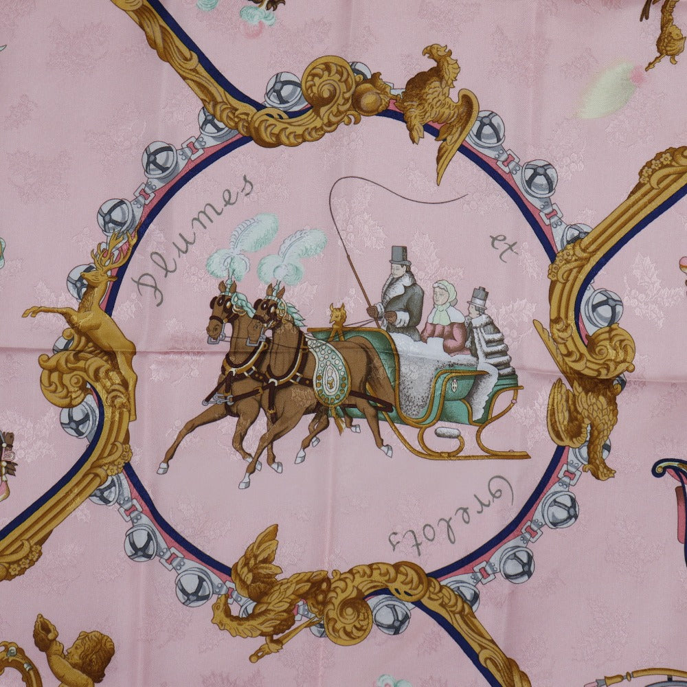 HERMES scarf silk pink Feather and bell Plumes et Grelots Carre90 Women Used