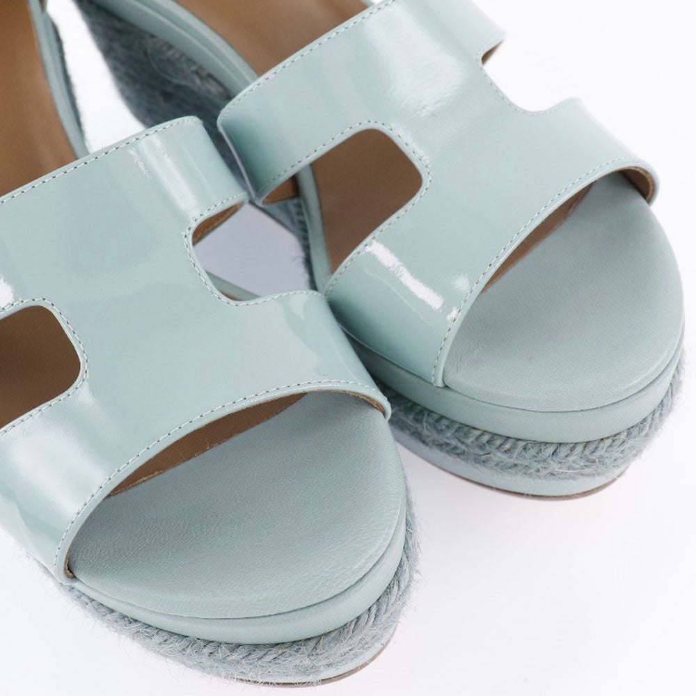 HERMES Sandals Leather, Patent Leather light blue Wedge sole Espadrille Women 37 Used
