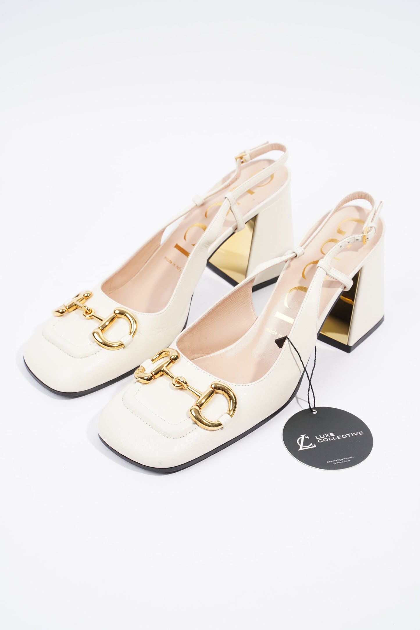Gucci Horsebit Heeled Slingback 75 White Leather EU 39 UK 6