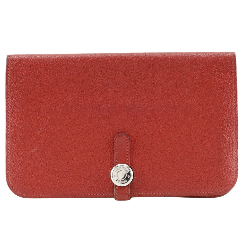 HERMES Long Wallet Purse Taurillon Clemence Red Dogon GM Women Used