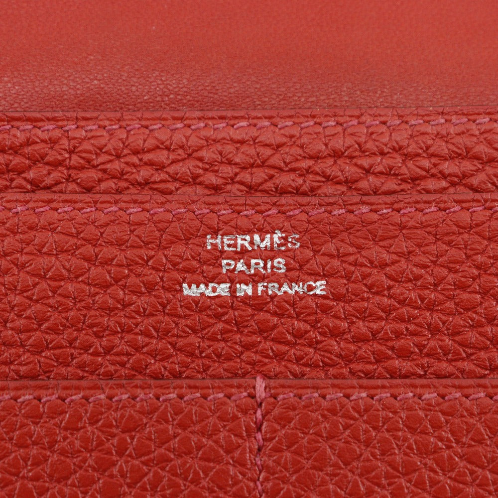 HERMES Long Wallet Purse Taurillon Clemence Red Dogon GM Women Used