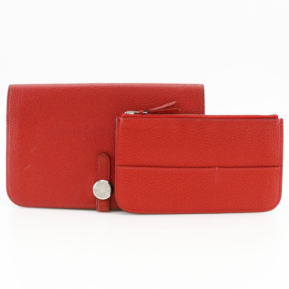 HERMES Long Wallet Purse Taurillon Clemence Red Dogon GM Women Used